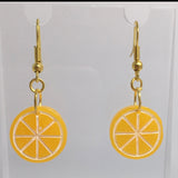 Small Kitsch fruit slice earrings 4 cm long, silver or gold colour hooks