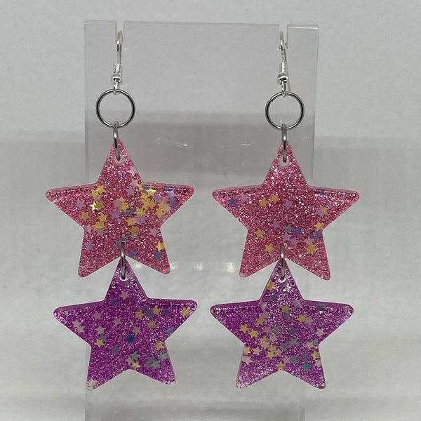 Double oversized Star Glitter Earrings,  Kitsch Fun 10cm long Amelia