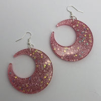 Lots of colours , Large crescent moon,  Glitter Earrings,  7cm Long