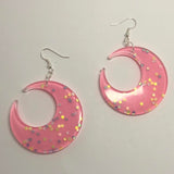 Lots of colours , Large crescent moon,  Glitter Earrings,  7cm Long