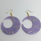 Lots of colours , Large crescent moon,  Glitter Earrings,  7cm Long