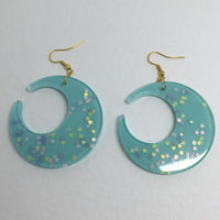 Lots of colours , Large crescent moon,  Glitter Earrings,  7cm Long