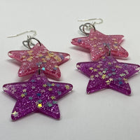 Double oversized Star Glitter Earrings,  Kitsch Fun 10cm long Amelia