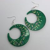 Lots of colours , Large crescent moon,  Glitter Earrings,  7cm Long