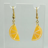 Small Kitsch fruit slice earrings 4 cm long, silver or gold colour hooks