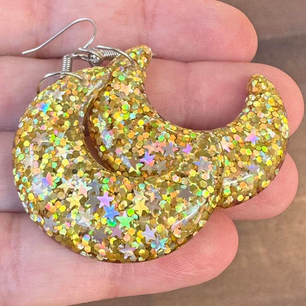 Crescent moon with Star holo Glitter Earrings , pick your colour. 7cm Long