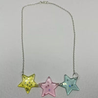 Triple pastel star Charms Necklace Silver Chain 18 inches long Pink purple blue yellow