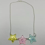 Triple pastel star Charms Necklace Silver Chain 18 inches long Pink purple blue yellow