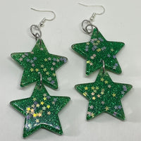 Double oversized Star Glitter Earrings,  Kitsch Fun 10cm long Amelia