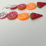 Extra large fruit salad earrings . Orange kiwi pink grapefruit and Watermelon. 13 cm long oversized