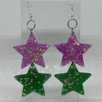 Double oversized Star Glitter Earrings,  Kitsch Fun 10cm long Amelia