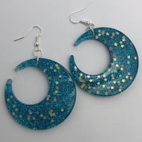 Lots of colours , Large crescent moon,  Glitter Earrings,  7cm Long