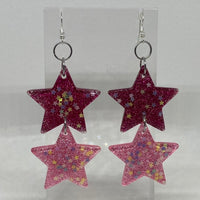 Double oversized Star Glitter Earrings,  Kitsch Fun 10cm long Amelia