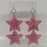 Double oversized Star Glitter Earrings,  Kitsch Fun 10cm long Amelia