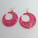 Lots of colours , Large crescent moon,  Glitter Earrings,  7cm Long