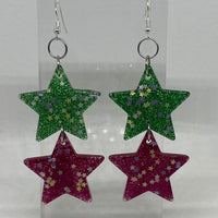 Double oversized Star Glitter Earrings,  Kitsch Fun 10cm long Amelia