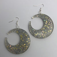 Lots of colours , Large crescent moon,  Glitter Earrings,  7cm Long