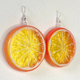 Extra large Orange fruit earrings. Acrylic earrings silver or gold colour hooks 8 cm long.