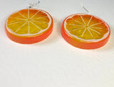 Extra large Orange fruit earrings. Acrylic earrings silver or gold colour hooks 8 cm long.