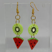 Small Kiwi / Watermelon Fruit Salad Earrings ,Kitsch earrings on Hook 7 cm long