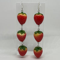 3D strawberry Kitch fruit charm red earrings silver colour hooks large 5 cm to 12.5 cm long