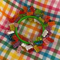 Encrusted Kitsch gummy bear bangle bracelet. Rainbow Gummi bears 2.6 inches diameter. Womens bangle